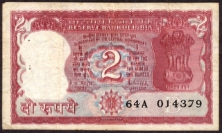 Error Two Rupees Bank Note Signed by R N Malhotra of Republic India.