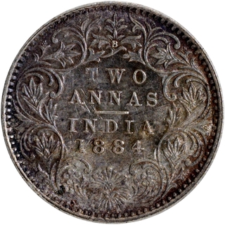 Silver Two Annas Coin of Victoria Empress of Bombay Mint of 1884.