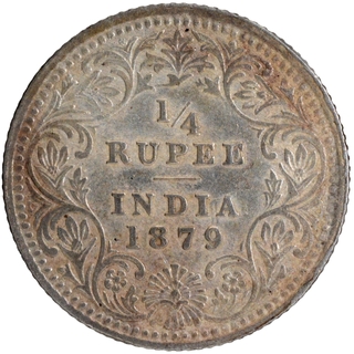 Silver Quarter Rupee Coin of Victoria Empress of Calcutta Mint of 1879.