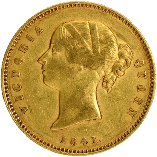 Gold One Mohur Coin of Victoria Queen of Calcutta Mint of 1841.