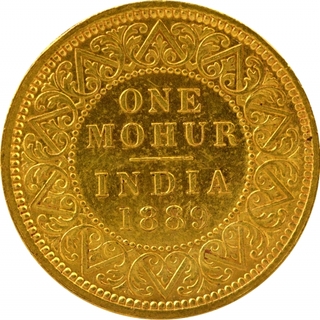 Gold One Mohur Coin of Victoria Empress of Calcutta Mint of 1889.