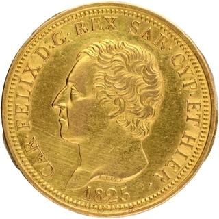 Gold Eighty Lire Coin of Charles Felix of Kingdom of Sardinia of Italy.