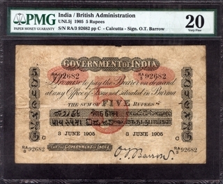 Uniface Five Rupees Bank Note of King Edward VII Signed by O T Barrow of 1905 of Calcutta Circle.