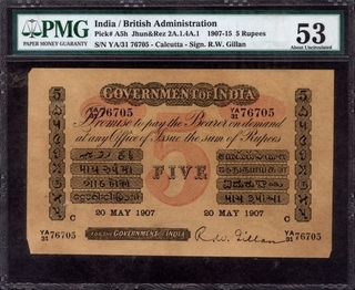 Uniface Five Rupees Bank Note of King Edward VII Signed by R W Gillen of 1907 of Calcutta Circle.