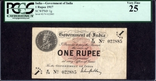 One Rupee Bank Note of King George V Signed by M M S Gubbay of 1917 of Universalised Circle.