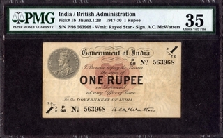 One Rupee Bank Note of King George V Signed by A C McWatters of 1917 of Universalised Circle.