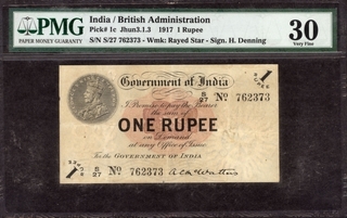 One Rupee Bank Note of King George V Signed by A C McWatters of 1917 of Universalised Circle.