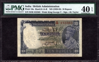 Ten Rupees Bank Note of King George V Signed by J B Taylor of 1934.