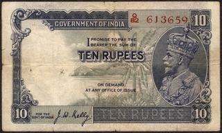 Ten Rupees Bank Note of King George V Signed by J W Kelly of 1933.