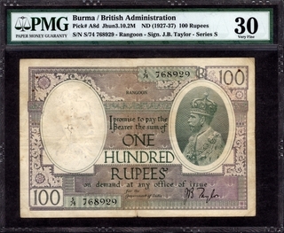 One Hundred Rupees Bank Note of King George V Signed by J B Taylor of 1928 of Rangoon Circle.