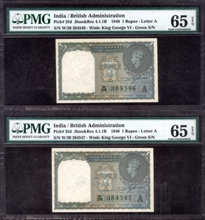 One Rupee Bank Notes of King George VI Signed by C E Jones of 1940.