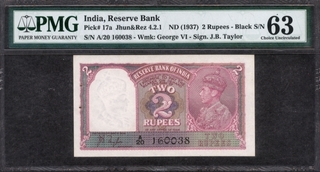 Two Rupees Bank Note of King George VI Signed by J B Taylor of 1943.