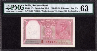 Two Rupees Bank Note of King George VI Signed by C D Deshmukh of 1949.