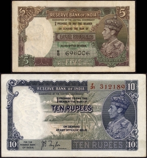 Five Rupees and Ten Rupees Bank Note of  King George VI of British India.