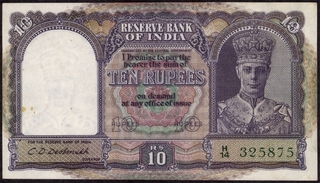 Ten Rupees Bank Note of King George VI Signed by C D Deshmukh of 1944.