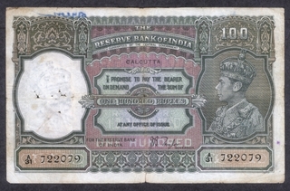 One Hundred Rupees Bank Note of King George VI Signed by J B Taylor of 1938 of Calcutta Circle.