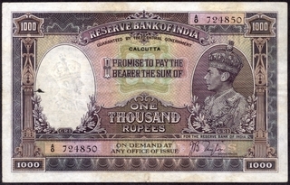 One Thousand Rupees Bank Note of King George VI Signed by J B Taylor of 1938 of Calcutta Circle.