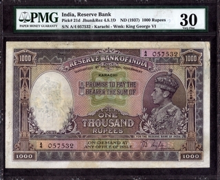 One Thousand Rupees Bank Note of King George VI Signed by J B Taylor of 1938 of Karachi Circle.