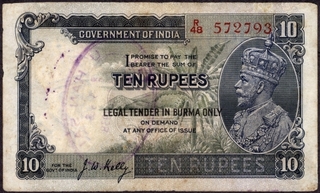 Ten Rupees Bank Note of King George V Signed by J W Kelly of Burma Issue.