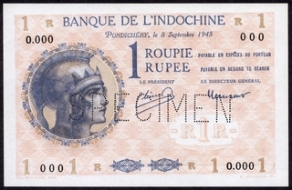 Specimen One Roupie Bank Note of French India.