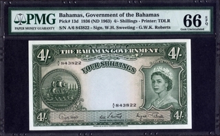 Four Shillings Bank Note of Bahamas of Queen Elizabeth II of 1936.