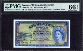 One Pound Bank Note of Queen Elizabeth II of Bermuda of 1957.