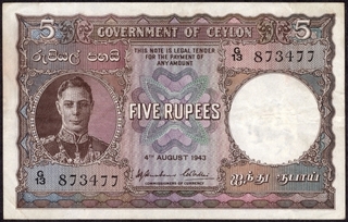 Five Rupees Bank Note Signed by H.J. Huxham and C.H. Collins of King George VI of Ceylon of 1943.