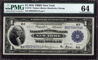 One Dollar of Federal Reserve Note Newyork of United States of America of 1918