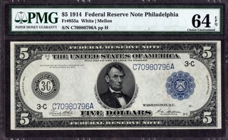 Five Dollars of Federal Reserve Note Philidelphia of United State of America of 1914