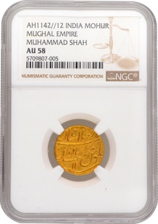 Rare Gold Mohur Coin of Muhammad Shah of Shahjahanabad Dar ul khilafa Mint.