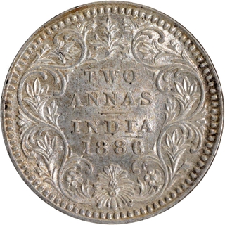 Silver Two Annas Coin of Victoria Empress of Calcutta Mint of 1886.