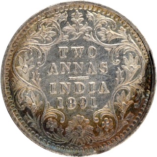 Silver Two Annas Coin of Victoria Empress of Bombay Mint of 1891.