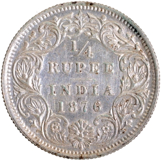 Silver Quarter Rupee Coin of Victoria Queen of Bombay Mint of 1876.