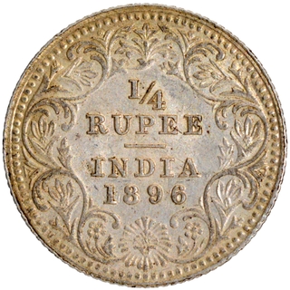 Silver Quarter Rupee Coin of Victoria Empress of Calcutta Mint of 1896.