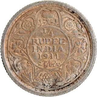 Silver Quarter Rupee Coin of King George V of Calcutta Mint of 1911.