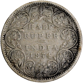 Silver Half Rupee Coin of Victoria Queen of Bombay Mint of 1874.