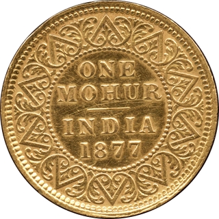 Gold One Mohur Coin of Victoria Empress of Calcutta Mint of 1877.