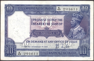 Ten Rupees Banknote of King George V Signed by J B Taylor of 1926.