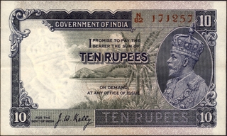 Ten Rupees Banknote of King George V Signed by J W Kelly of 1935.