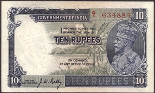 Ten Rupees Banknote of King George V Signed by J W Kelly of 1935.