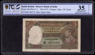 Five Rupees Banknote of King George VI Signed by J B Taylor of 1938.