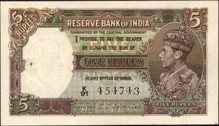 Five Rupees Banknote of King George VI Signed by C D Deshmukh of 1944.