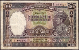 One Thousand Rupees Banknote of King George VI Signed by J B Taylor of 1938 of Calcutta Circle.