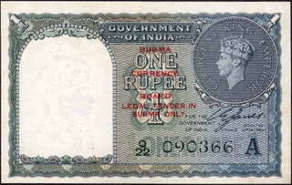 One Rupee Banknote of King George VI Signed by C E Jones of 1947 of Burma Issue.