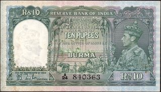 Ten Rupees Banknote of King George VI Signed by J B Taylor of 1938 of Burma Issue.