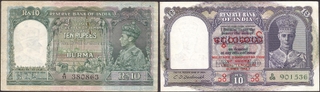 Ten Rupees Banknotes of King George VI Signed by J B Taylor and C D Deshmukh of Burma Issue.