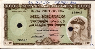 Cancelled One Mil Escudos Banknote of Banco Nacional Ultramarino of Indo Portuguese of 1959.