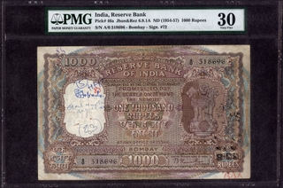 One Thousand Rupees Banknote Signed by B Rama Rau of 1954 of Bombay Circle.