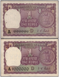 One Rupee Fancy No 999999 and 1000000 Banknotes Signed by I G Patel.