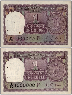 One Rupee Fancy No 999999 and 1000000 Banknotes Signed by M G Kaul.